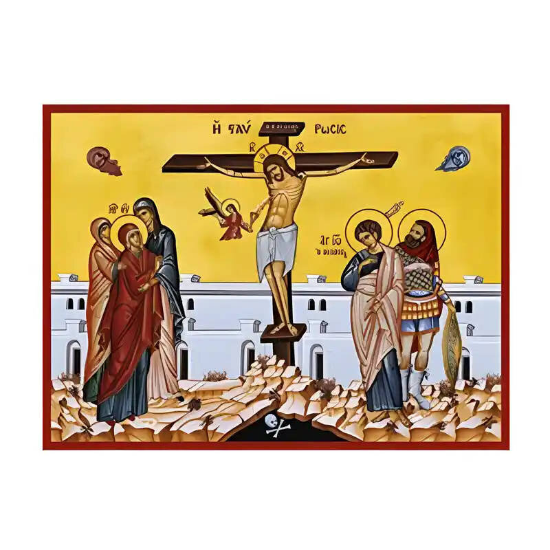 Εικόνα Ορθοδοξίας με περίγραμμα χρυσό σε ξύλο Φλαμουρίας  με  βάση Εικόνα Σταύρωση του Χριστού Χειροποίητη Ελληνορθόδοξη , Κρεμαστή πλάκα βυζαντινής τέχνης, χριστιανική τέχνη Διάσταση 10x7 cm (3,9 x 2,8 ίντσες) INTRAEK-670943