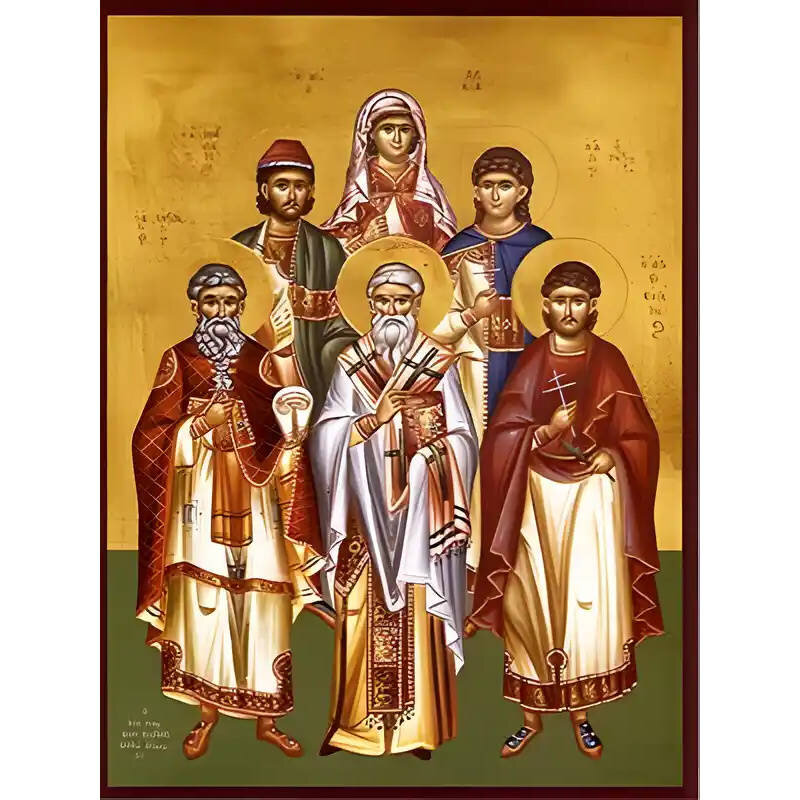 Εικόνα Ορθοδοξίας με περίγραμμα χρυσό σε ξύλο Φλαμουρίας  με  βάση Εικόνα ΑΓΙΟΙ ΕΥΣΤΡΑΤΙΟΣ, ΑΥΞΕΝΤΙΟΣ, ΕΥΓΕΝΙΟΣ, ΜΑΡΔΑΡΙΟΣ, ΟΡΕΣΤΗΣ, ΜΑΡΤΥΡΕΣ ΣΕΒΑΣΤΕΙΑΣ ΚΑΙ ΛΟΥΚΙΑ, ΠΑΡΘΕΝΟΜΑΡΤΥΣ ΣΥΡΑΚΟΥΣΩΝ, ΟΛΟΣΩΜΟΙ Χειροποίητη Ελληνορθόδοξη εικόνα του Ιησού Χριστού, Κρεμαστή πλάκα βυζαντινής τέχνης, χριστιανική τέχνη Διάσταση 40x30 cm (10,2x7,9 ίντσες)  INTRAEK-1447757865172