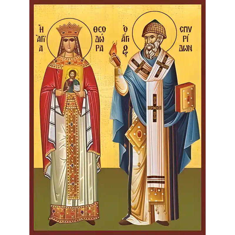 Εικόνα Ορθοδοξίας με περίγραμμα χρυσό σε ξύλο Φλαμουρίας  με  βάση Εικόνα ΑΓΙΟΙ ΘΕΟΔΩΡΑ Η ΑΥΤΟΚΡΑΤΕΙΡΑ ΤΟΥ ΒΥΖΑΝΤΙΟΥ ΚΑΙ ΣΠΥΡΙΔΩΝ ΕΠΙΣΚΟΠΟΣ ΤΡΙΜΥΘΟΥΝΤΟΣ ΚΥΠΡΟΥ, ΟΛΟΣΩΜΟΙ Χειροποίητη Ελληνορθόδοξη εικόνα του Ιησού Χριστού, Κρεμαστή πλάκα βυζαντινής τέχνης, χριστιανική τέχνη Διάσταση 40x30 cm (10,2x7,9 ίντσες)  INTRAEK-1447757865171