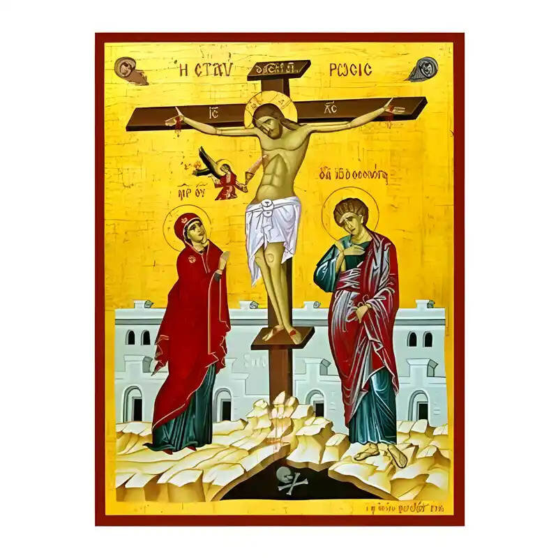 Εικόνα Ορθοδοξίας με περίγραμμα χρυσό σε ξύλο Φλαμουρίας  με  βάση Εικόνα Σταύρωση του Χριστού Χειροποίητη Ελληνορθόδοξη , Κρεμαστή πλάκα βυζαντινής τέχνης, χριστιανική τέχνη Διάσταση 10x7 cm (3,9 x 2,8 ίντσες) INTRAEK-670940
