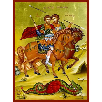 Εικόνα Ορθοδοξίας με περίγραμμα χρυσό σε ξύλο Φλαμουρίας με βάση Εικόνα ΑΓΙΟΙ ΘΕΟΔΩΡΟΙ, ΟΙ ΜΕΓΑΛΟΜΑΡΤΥΡΕΣ, ΤΗΡΩΝ ΚΑΙ ΣΤΡΑΤΗΛΑΤΗΣ, ΕΦΙΠΠΟΙ Χειροποίητη Ελληνορθόδοξη εικόνα του Ιησού Χριστού, Κρεμαστή πλάκα βυζαντινής τέχνης, χριστιανική τέχνη Διάσταση 40x30 cm (10,2x7,9 ίντσες) INTRAEK-1447757865169 - Image 1