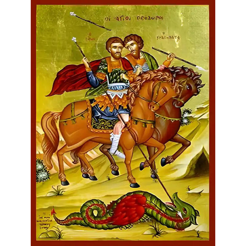 Εικόνα Ορθοδοξίας με περίγραμμα χρυσό σε ξύλο Φλαμουρίας  με  βάση Εικόνα ΑΓΙΟΙ ΘΕΟΔΩΡΟΙ, ΟΙ ΜΕΓΑΛΟΜΑΡΤΥΡΕΣ, ΤΗΡΩΝ ΚΑΙ ΣΤΡΑΤΗΛΑΤΗΣ, ΕΦΙΠΠΟΙ Χειροποίητη Ελληνορθόδοξη εικόνα του Ιησού Χριστού, Κρεμαστή πλάκα βυζαντινής τέχνης, χριστιανική τέχνη Διάσταση 40x30 cm (10,2x7,9 ίντσες)  INTRAEK-1447757865169