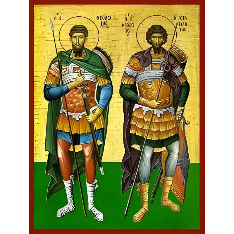 Εικόνα Ορθοδοξίας με περίγραμμα χρυσό σε ξύλο Φλαμουρίας  με  βάση Εικόνα ΑΓΙΟΙ ΘΕΟΔΩΡΟΙ, ΟΙ ΜΕΓΑΛΟΜΑΡΤΥΡΕΣ, ΤΗΡΩΝ ΚΑΙ ΣΤΡΑΤΗΛΑΤΗΣ, ΟΛΟΣΩΜΟΙ Χειροποίητη Ελληνορθόδοξη εικόνα του Ιησού Χριστού, Κρεμαστή πλάκα βυζαντινής τέχνης, χριστιανική τέχνη Διάσταση 40x30 cm (10,2x7,9 ίντσες)  INTRAEK-1447757865168