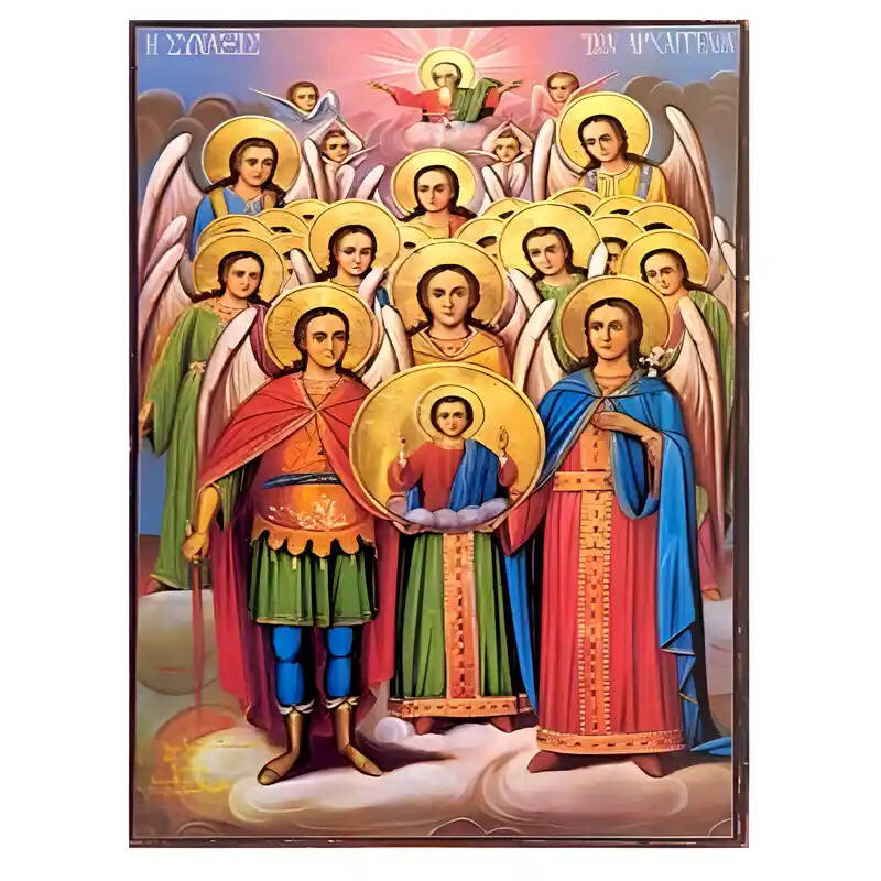 Εικόνα Ορθοδοξίας με περίγραμμα χρυσό σε ξύλο Φλαμουρίας  με  βάση Εικόνα Σύναξη  Αρχαγγέλων Χειροποίητη Ελληνορθόδοξη , Κρεμαστή πλάκα βυζαντινής τέχνης, χριστιανική τέχνη Διάσταση 10x7 cm (3,9 x 2,8 ίντσες) INTRAEK-670938