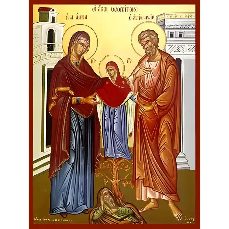 Εικόνα Ορθοδοξίας με περίγραμμα χρυσό σε ξύλο Φλαμουρίας  με  βάση Εικόνα ΑΓΙΟΙ ΘΕΟΠΑΤΟΡΕΣ, ΑΝΝΑ ΚΑΙ ΙΩΑΚΕΙΜ, ΜΕ ΠΑΝΑΓΙΑ, ΟΛΟΣΩΜΟΙ Χειροποίητη Ελληνορθόδοξη εικόνα του Ιησού Χριστού, Κρεμαστή πλάκα βυζαντινής τέχνης, χριστιανική τέχνη Διάσταση 40x30 cm (10,2x7,9 ίντσες)  INTRAEK-1447757865167