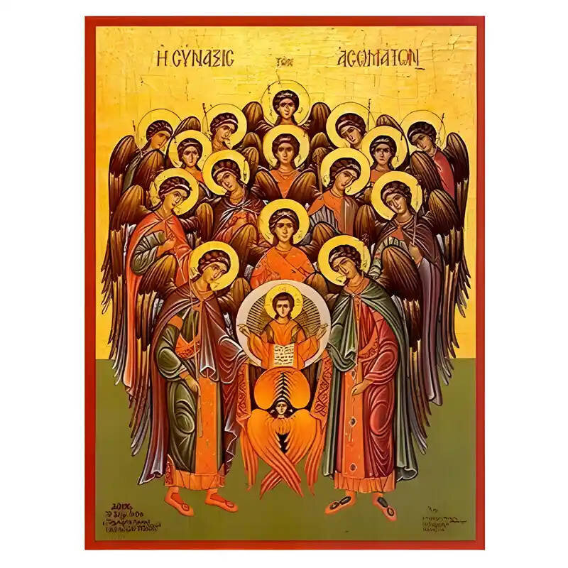 Εικόνα Ορθοδοξίας με περίγραμμα χρυσό σε ξύλο Φλαμουρίας  με  βάση Εικόνα Σύναξη  Αρχαγγέλων, Ασωμάτων Χειροποίητη Ελληνορθόδοξη , Κρεμαστή πλάκα βυζαντινής τέχνης, χριστιανική τέχνη Διάσταση 10x7 cm (3,9 x 2,8 ίντσες) INTRAEK-670937
