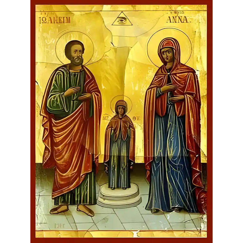 Εικόνα Ορθοδοξίας με περίγραμμα χρυσό σε ξύλο Φλαμουρίας  με  βάση Εικόνα ΑΓΙΟΙ ΙΩΑΚΕΙΜ ΚΑΙ ΑΝΝΑ, ΘΕΟΠΑΤΟΡΕΣ, ΜΕ ΠΑΝΑΓΙΑ, ΟΛΟΣΩΜΟΙ Χειροποίητη Ελληνορθόδοξη εικόνα του Ιησού Χριστού, Κρεμαστή πλάκα βυζαντινής τέχνης, χριστιανική τέχνη Διάσταση 40x30 cm (10,2x7,9 ίντσες)  INTRAEK-1447757865166