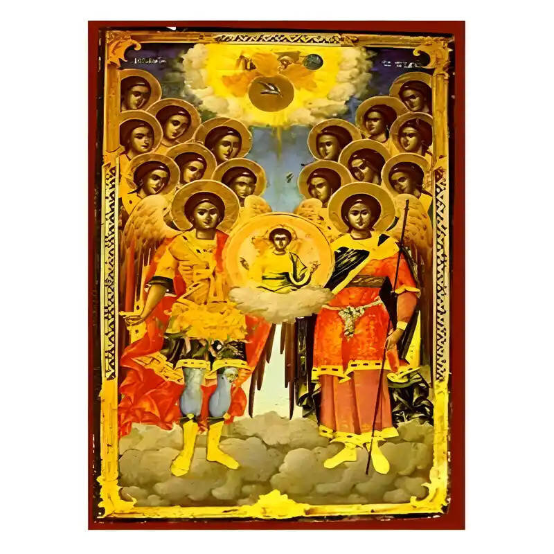 Εικόνα Ορθοδοξίας με περίγραμμα χρυσό σε ξύλο Φλαμουρίας  με  βάση Εικόνα Σύναξη  Ταξιαρχών Χειροποίητη Ελληνορθόδοξη , Κρεμαστή πλάκα βυζαντινής τέχνης, χριστιανική τέχνη Διάσταση 10x7 cm (3,9 x 2,8 ίντσες) INTRAEK-670936