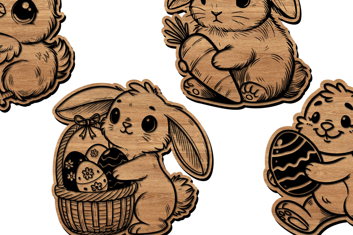 Intra απο ξύλο plywood 3mm-4mm πάχος - Πακέτο κοπής με λέιζερ Easter Bunny &amp; Chick Δίασταση 6x6 cm INTRAFABR-112682039