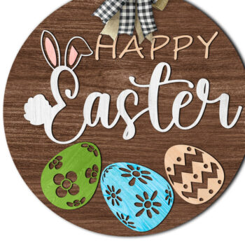 Intra απο ξύλο plywood 3mm-4mm πάχος - Πασχαλινό λαγουδάκι & αυγά Στρογγυλή πινακίδα  Δίασταση 20x20 cm INTRAFABR-116082011 - Image 1