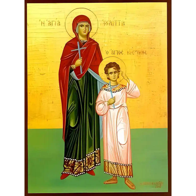 Εικόνα Ορθοδοξίας με περίγραμμα χρυσό σε ξύλο Φλαμουρίας  με  βάση Εικόνα ΑΓΙΟΙ ΚΗΡΥΚΟΣ ΚΑΙ Η ΜΗΤΗΡ ΤΟΥ ΙΟΥΛΙΤΤΑ, ΕΚ ΤΑΡΣΟΥΣ, ΟΛΟΣΩΜΟΙ Χειροποίητη Ελληνορθόδοξη εικόνα του Ιησού Χριστού, Κρεμαστή πλάκα βυζαντινής τέχνης, χριστιανική τέχνη Διάσταση 40x30 cm (10,2x7,9 ίντσες)  INTRAEK-1447757865162