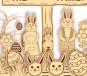 Intra απο ξύλο plywood 3mm-4mm πάχος -  με λέιζερ Family Bunny του Πάσχα Δίασταση 15x15 cm INTRAFABR-26020811