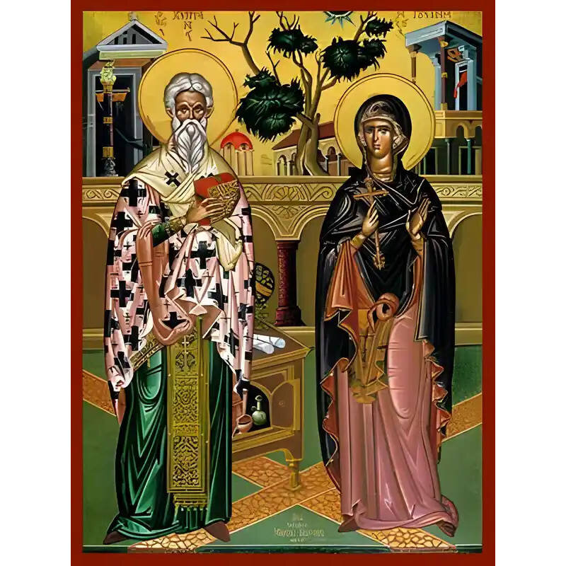 Εικόνα Ορθοδοξίας με περίγραμμα χρυσό σε ξύλο Φλαμουρίας  με  βάση Εικόνα ΑΓΙΟΙ ΚΥΠΡΙΑΝΟΣ, ΙΕΡΟΜΑΡΤΥΣ, ΕΠΙΣΚΟΠΟΣ ΚΑΡΧΗΔΟΝΟΣ ΚΑΙ ΙΟΥΣΤΙΝΗ, ΠΑΡΘΕΝΟΜΑΡΤΥΣ, ΝΙΚΟΜΗΔΕΙΑΣ, ΟΛΟΣΩΜΟΙ Χειροποίητη Ελληνορθόδοξη εικόνα του Ιησού Χριστού, Κρεμαστή πλάκα βυζαντινής τέχνης, χριστιανική τέχνη Διάσταση 40x30 cm (10,2x7,9 ίντσες)  INTRAEK-1447757865161