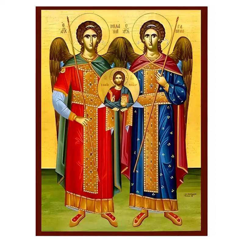 Εικόνα Ορθοδοξίας με περίγραμμα χρυσό σε ξύλο Φλαμουρίας  με  βάση Εικόνα Σύναξη Αρχαγγέλων Μιχαήλ και Γαβριήλ Χειροποίητη Ελληνορθόδοξη , Κρεμαστή πλάκα βυζαντινής τέχνης, χριστιανική τέχνη Διάσταση 10x7 cm (3,9 x 2,8 ίντσες) INTRAEK-670931