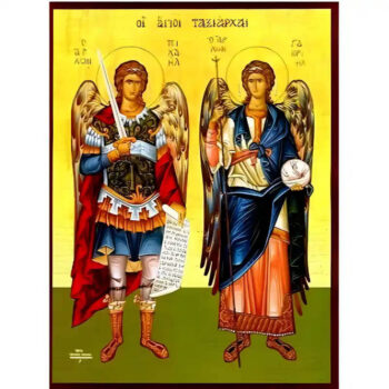 Εικόνα Ορθοδοξίας με περίγραμμα χρυσό σε ξύλο Φλαμουρίας  με  βάση Εικόνα Σύναξη Αρχαγγέλων Μιχαήλ και Γαβριήλ Χειροποίητη Ελληνορθόδοξη , Κρεμαστή πλάκα βυζαντινής τέχνης, χριστιανική τέχνη Διάσταση 10x7 cm (3,9 x 2,8 ίντσες) INTRAEK-670929 - Image 1