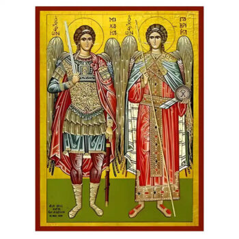 Εικόνα Ορθοδοξίας με περίγραμμα χρυσό σε ξύλο Φλαμουρίας  με  βάση Εικόνα Σύναξη Αρχαγγέλων Μιχαήλ και Γαβριήλ Χειροποίητη Ελληνορθόδοξη , Κρεμαστή πλάκα βυζαντινής τέχνης, χριστιανική τέχνη Διάσταση 10x7 cm (3,9 x 2,8 ίντσες) INTRAEK-670928 - Image 1