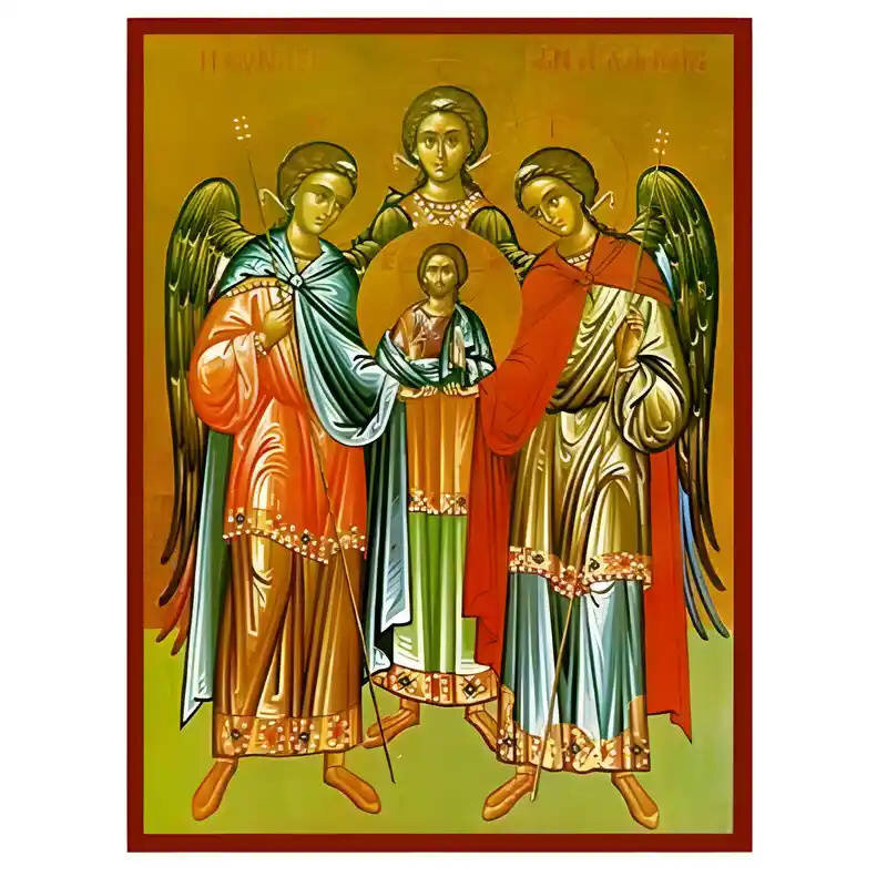 Εικόνα Ορθοδοξίας με περίγραμμα χρυσό σε ξύλο Φλαμουρίας  με  βάση Εικόνα Σύναξη Αρχαγγέλων Μιχαήλ, Γαβριήλ και Ραφαήλ Χειροποίητη Ελληνορθόδοξη , Κρεμαστή πλάκα βυζαντινής τέχνης, χριστιανική τέχνη Διάσταση 10x7 cm (3,9 x 2,8 ίντσες) INTRAEK-670927