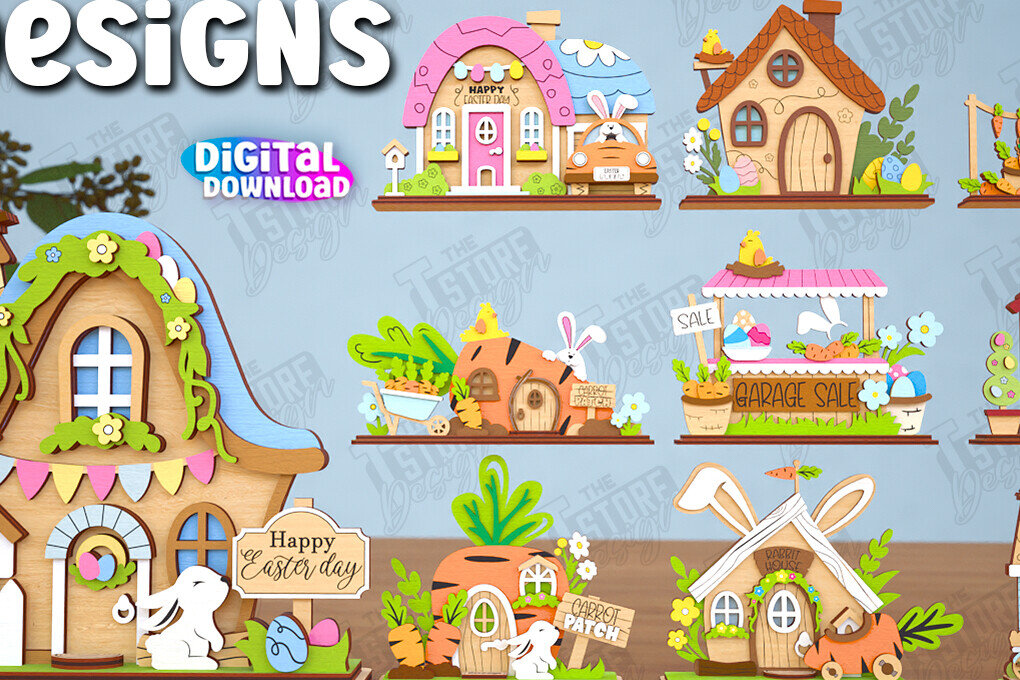 Intra απο ξύλο plywood 3mm-4mm πάχος - Πασχαλινό λαγουδάκι Standing Houses Bundle |CNC Δίασταση 15x15 cm INTRAFABR-116407605