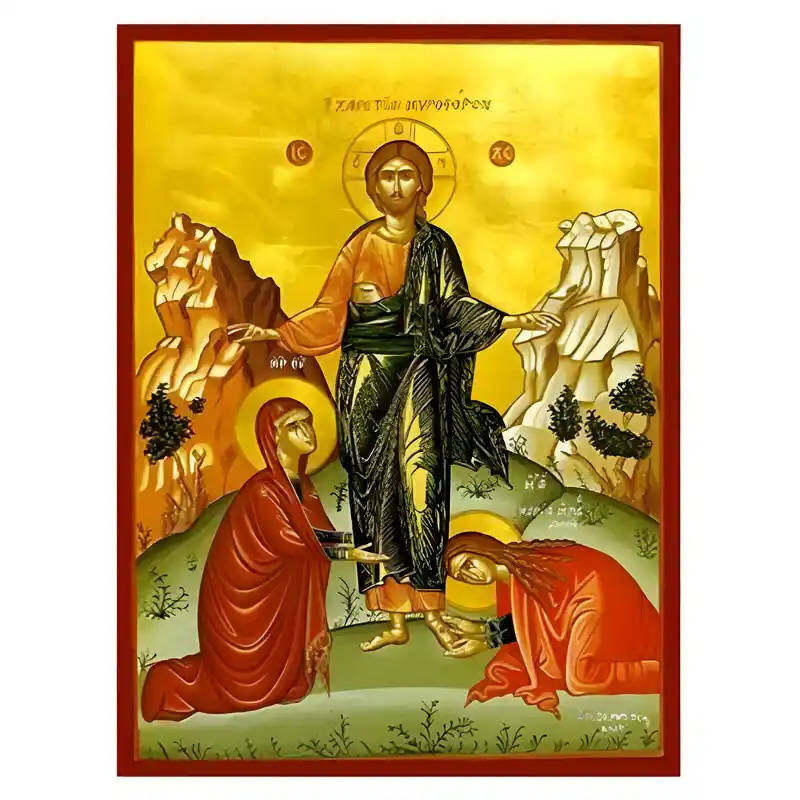 Εικόνα Ορθοδοξίας με περίγραμμα χρυσό σε ξύλο Φλαμουρίας  με  βάση Εικόνα Το Χαίρε των Μυροφόρων Χειροποίητη Ελληνορθόδοξη , Κρεμαστή πλάκα βυζαντινής τέχνης, χριστιανική τέχνη Διάσταση 10x7 cm (3,9 x 2,8 ίντσες) INTRAEK-670925