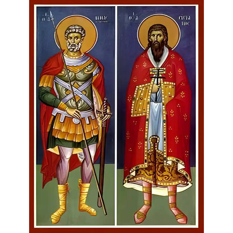 Εικόνα Ορθοδοξίας με περίγραμμα χρυσό σε ξύλο Φλαμουρίας  με  βάση Εικόνα ΑΓΙΟΙ ΜΗΝΑΣ ΚΑΙ ΕΥΣΤΡΑΤΙΟΣ, ΟΛΟΣΩΜΟΙ Χειροποίητη Ελληνορθόδοξη εικόνα του Ιησού Χριστού, Κρεμαστή πλάκα βυζαντινής τέχνης, χριστιανική τέχνη Διάσταση 40x30 cm (10,2x7,9 ίντσες)  INTRAEK-1447757865153
