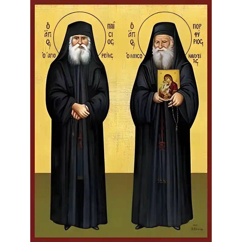 Εικόνα Ορθοδοξίας με περίγραμμα χρυσό σε ξύλο Φλαμουρίας  με  βάση Εικόνα ΑΓΙΟΙ ΝΕΟΙ ΑΣΚΗΤΕΣ, ΠΑIΣΙΟΣ ΑΓΙΟΡΕΙΤΗΣ, ΠΟΡΦΥΡΙΟΣ ΚΑΥΣΟΚΑΛΥΒΙΤΗΣ, ΟΛΟΣΩΜΟΙ Χειροποίητη Ελληνορθόδοξη εικόνα του Ιησού Χριστού, Κρεμαστή πλάκα βυζαντινής τέχνης, χριστιανική τέχνη Διάσταση 40x30 cm (10,2x7,9 ίντσες)  INTRAEK-1447757865152