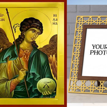 Εικόνα Ορθοδοξίας Πολυτελείας  με  σχεδιο Σταυρούς μαζι με  Βάση σε  8 χρώματα με περίγραμμα χρυσό σε ξύλο Plywood (Πλακάζ)   με  βάση The ΑΡΧΩΝ  ΜΙΧΑΗΛ, Ξύλινη Χειροποίητη Εικόνα Ελληνικού Premium Βυζαντινού Στυλ Κρεμασμένο σε ξύλινη πλάκα Χειροποίητη Ελληνορθόδοξη εικόνα του Ιησού Χριστού, Κρεμαστή πλάκα βυζαντινής τέχνης, χριστιανική τέχνη Διάσταση 10x7 cm (3,9 x 2,8 ίντσες)  INTRAEK3kadro3211-11234 - Image 1