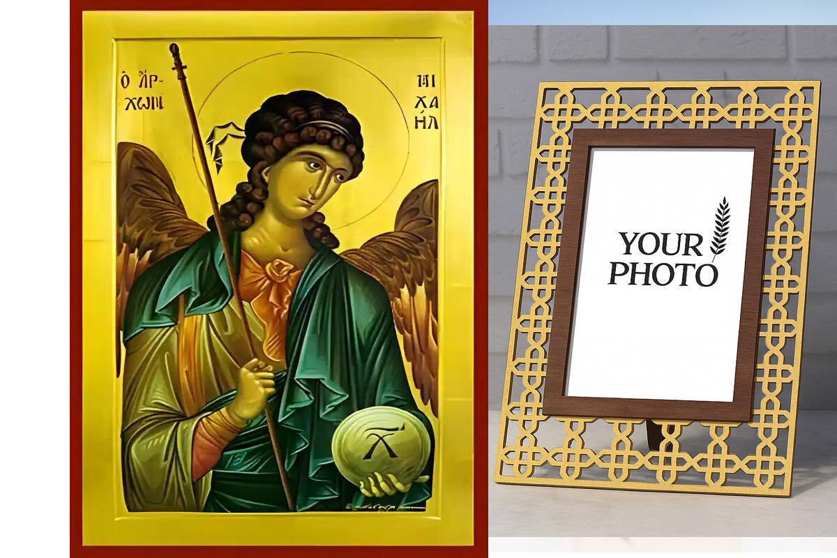 Εικόνα Ορθοδοξίας Πολυτελείας  με  σχεδιο Σταυρούς μαζι με  Βάση σε  8 χρώματα με περίγραμμα χρυσό σε ξύλο Plywood (Πλακάζ)   με  βάση The ΑΡΧΩΝ  ΜΙΧΑΗΛ, Ξύλινη Χειροποίητη Εικόνα Ελληνικού Premium Βυζαντινού Στυλ Κρεμασμένο σε ξύλινη πλάκα Χειροποίητη Ελληνορθόδοξη εικόνα του Ιησού Χριστού, Κρεμαστή πλάκα βυζαντινής τέχνης, χριστιανική τέχνη Διάσταση 10x7 cm (3,9 x 2,8 ίντσες)  INTRAEK3kadro3211-11234