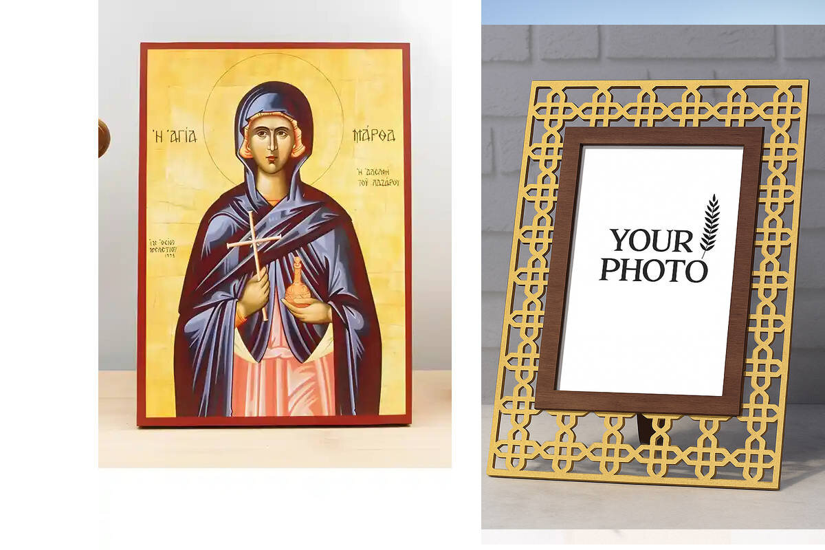 Εικόνα Ορθοδοξίας Πολυτελείας  με  σχεδιο Σταυρούς μαζι με  Βάση σε  8 χρώματα με περίγραμμα χρυσό σε ξύλο Plywood (Πλακάζ)   με  βάση Η Αγία Μάρθα της Βηθανίας, αδελφή του Λαζάρου, Ξύλινη Χειροποίητη Εικόνα Ελληνικής Κορυφαίας Βυζαντινής Στυλ Κρεμασμένη σε ξύλινη πλάκα Θρησκευτικό Χειροποίητη Ελληνορθόδοξη εικόνα του Ιησού Χριστού, Κρεμαστή πλάκα βυζαντινής τέχνης, χριστιανική τέχνη Διάσταση 10x7 cm (3,9 x 2,8 ίντσες)  INTRAEK3kadro3211-11233