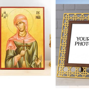 Εικόνα Ορθοδοξίας Πολυτελείας  με  σχεδιο Σταυρούς μαζι με  Βάση σε  8 χρώματα με περίγραμμα χρυσό σε ξύλο Plywood (Πλακάζ)   με  βάση Αγία Ξένια η Μεγαλομάρτυς, Ξύλινη Χειροποίητη Εικόνα Ελληνικής Premium Βυζαντινού Στυλ Κρεμαστή σε ξύλινη πλάκα Θρησκευτικό Χειροποίητη Ελληνορθόδοξη εικόνα του Ιησού Χριστού, Κρεμαστή πλάκα βυζαντινής τέχνης, χριστιανική τέχνη Διάσταση 15x11 cm (5,9 x 4,3 ίντσες)  INTRAEK3kadro3211-611231 - Image 1