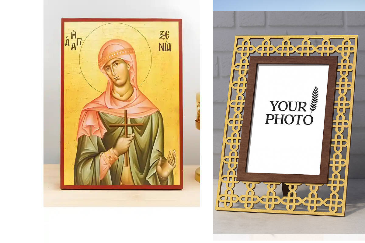 Εικόνα Ορθοδοξίας Πολυτελείας  με  σχεδιο Σταυρούς μαζι με  Βάση σε  8 χρώματα με περίγραμμα χρυσό σε ξύλο Plywood (Πλακάζ)   με  βάση Αγία Ξένια η Μεγαλομάρτυς, Ξύλινη Χειροποίητη Εικόνα Ελληνικής Premium Βυζαντινού Στυλ Κρεμαστή σε ξύλινη πλάκα Θρησκευτικό Χειροποίητη Ελληνορθόδοξη εικόνα του Ιησού Χριστού, Κρεμαστή πλάκα βυζαντινής τέχνης, χριστιανική τέχνη Διάσταση 10x7 cm (3,9 x 2,8 ίντσες)  INTRAEK3kadro3211-11231