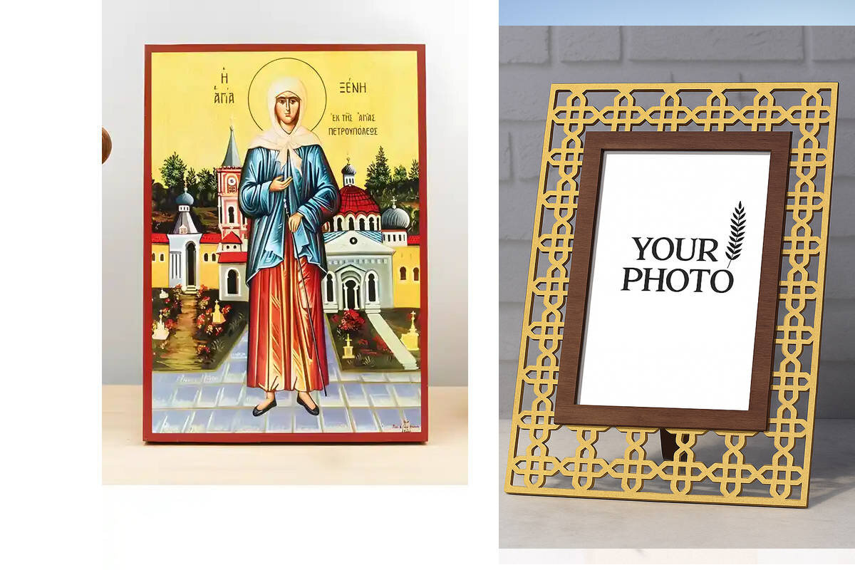 Εικόνα Ορθοδοξίας Πολυτελείας  με  σχεδιο Σταυρούς μαζι με  Βάση σε  8 χρώματα με περίγραμμα χρυσό σε ξύλο Plywood (Πλακάζ)   με  βάση Αγία Ξένια της Αγίας Πετρούπολης "ανόητη για τον Χριστό", Ξύλινη Χειροποίητη Εικόνα Ελληνικού Premium Βυζαντινού Στυλ τοίχου Κρεμασμένη σε Ξύλινη Πλάκα Θρησκευτικά Χειροποίητη Ελληνορθόδοξη εικόνα του Ιησού Χριστού, Κρεμαστή πλάκα βυζαντινής τέχνης, χριστιανική τέχνη Διάσταση 10x7 cm (3,9 x 2,8 ίντσες)  INTRAEK3kadro3211-11230