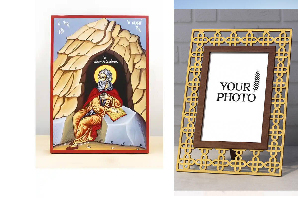 Εικόνα Ορθοδοξίας Πολυτελείας  με  σχεδιο Σταυρούς μαζι με  Βάση σε  8 χρώματα με περίγραμμα χρυσό σε ξύλο Plywood (Πλακάζ)   με  βάση Άγιος Ιωάννης Κλίμακος του Σινά, συγγραφέας του «The Ladder», Ξύλινη Χειροποίητη Εικόνα Ελληνικού Premium Βυζαντινού Στυλ τοίχου Κρεμασμένη σε ξύλινη πλάκα Χειροποίητη Ελληνορθόδοξη εικόνα του Ιησού Χριστού, Κρεμαστή πλάκα βυζαντινής τέχνης, χριστιανική τέχνη Διάσταση 10x7 cm (3,9 x 2,8 ίντσες)  INTRAEK3kadro3211-11229