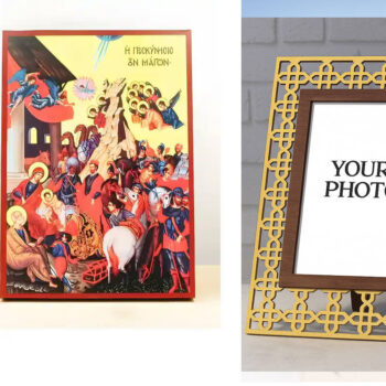 Εικόνα Ορθοδοξίας Πολυτελείας  με  σχεδιο Σταυρούς μαζι με  Βάση σε  8 χρώματα με περίγραμμα χρυσό σε ξύλο Plywood (Πλακάζ)   με  βάση Ιησούς Χριστός Προσκύνηση των Μάγων με αγγέλους, Ξύλινη Χειροποίητη Εικόνα Ελληνικού Βυζαντινού Στυλ Κρεμασμένο σε ξύλινη πλάκα Χειροποίητη Ελληνορθόδοξη εικόνα του Ιησού Χριστού, Κρεμαστή πλάκα βυζαντινής τέχνης, χριστιανική τέχνη Διάσταση 15x11 cm (5,9 x 4,3 ίντσες)  INTRAEK3kadro3211-611228 - Image 1