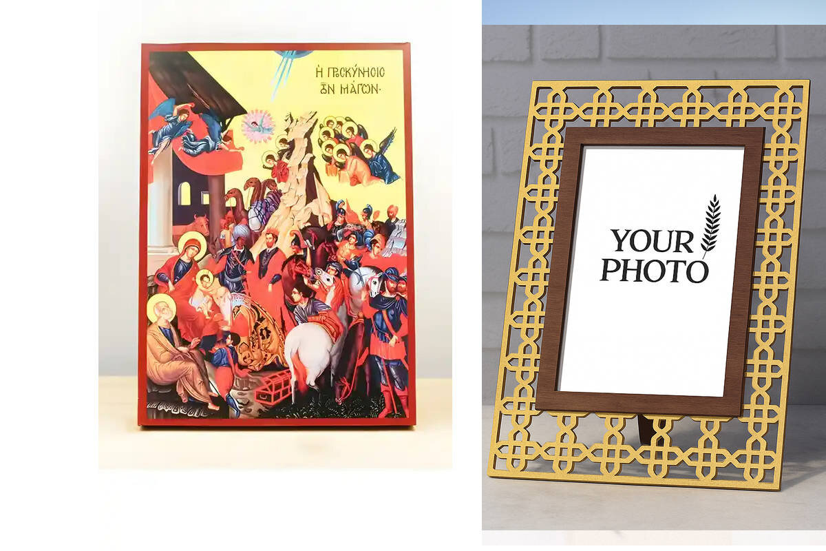 Εικόνα Ορθοδοξίας Πολυτελείας  με  σχεδιο Σταυρούς μαζι με  Βάση σε  8 χρώματα με περίγραμμα χρυσό σε ξύλο Plywood (Πλακάζ)   με  βάση Ιησούς Χριστός Προσκύνηση των Μάγων με αγγέλους, Ξύλινη Χειροποίητη Εικόνα Ελληνικού Βυζαντινού Στυλ Κρεμασμένο σε ξύλινη πλάκα Χειροποίητη Ελληνορθόδοξη εικόνα του Ιησού Χριστού, Κρεμαστή πλάκα βυζαντινής τέχνης, χριστιανική τέχνη Διάσταση 10x7 cm (3,9 x 2,8 ίντσες)  INTRAEK3kadro3211-11228