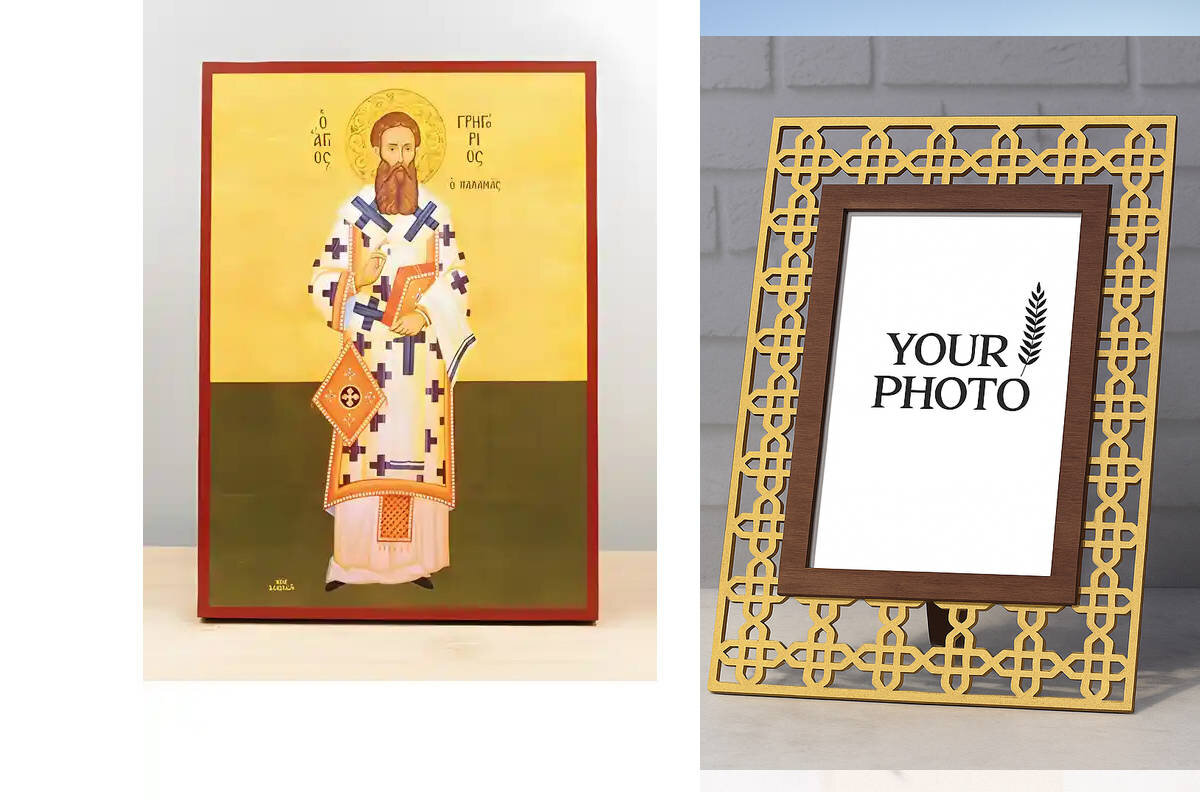 Εικόνα Ορθοδοξίας Πολυτελείας  με  σχεδιο Σταυρούς μαζι με  Βάση σε  8 χρώματα με περίγραμμα χρυσό σε ξύλο Plywood (Πλακάζ)   με  βάση Άγιος Γρηγόριος Παλαμάς Αρχιεπίσκοπος Θεσσαλονίκης, Ξύλινη Χειροποίητη Εικόνα Ελληνικής Κορυφαίας Βυζαντινής Στυλ Κρεμασμένη σε ξύλινη πλάκα Χειροποίητη Ελληνορθόδοξη εικόνα του Ιησού Χριστού, Κρεμαστή πλάκα βυζαντινής τέχνης, χριστιανική τέχνη Διάσταση 10x7 cm (3,9 x 2,8 ίντσες)  INTRAEK3kadro3211-11225