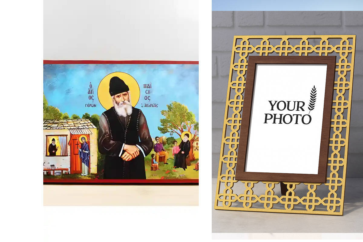 Εικόνα Ορθοδοξίας Πολυτελείας  με  σχεδιο Σταυρούς μαζι με  Βάση σε  8 χρώματα με περίγραμμα χρυσό σε ξύλο Plywood (Πλακάζ)   με  βάση Άγιος Παΐσιος ο Αγιορείτης Κάθετη, Ξύλινη Χειροποίητη Εικόνα Ελληνικής Premium Βυζαντινού Στυλ Κρεμαστή σε ξύλινη πλάκα Θρησκευτικό Θέμα Χειροποίητη Ελληνορθόδοξη εικόνα του Ιησού Χριστού, Κρεμαστή πλάκα βυζαντινής τέχνης, χριστιανική τέχνη Διάσταση 10x7 cm (3,9 x 2,8 ίντσες)  INTRAEK3kadro3211-11219