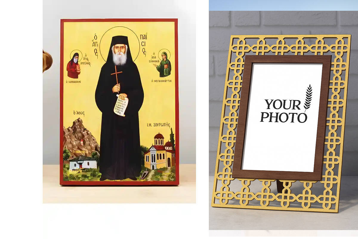 Εικόνα Ορθοδοξίας Πολυτελείας  με  σχεδιο Σταυρούς μαζι με  Βάση σε  8 χρώματα με περίγραμμα χρυσό σε ξύλο Plywood (Πλακάζ)   με  βάση Άγιος Παΐσιος ο Αθωνίτης, Ξύλινη Χειροποίητη Εικόνα Ελληνικής Premium Βυζαντινού Στυλ Κρεμαστή σε ξύλινη πλάκα Θρησκευτικό θέμα Χειροποίητη Ελληνορθόδοξη εικόνα του Ιησού Χριστού, Κρεμαστή πλάκα βυζαντινής τέχνης, χριστιανική τέχνη Διάσταση 10x7 cm (3,9 x 2,8 ίντσες)  INTRAEK3kadro3211-11218