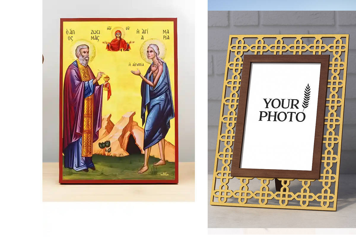 Εικόνα Ορθοδοξίας Πολυτελείας  με  σχεδιο Σταυρούς μαζι με  Βάση σε  8 χρώματα με περίγραμμα χρυσό σε ξύλο Plywood (Πλακάζ)   με  βάση Οι Άγιοι Ζωσιμάς και η Αγία Μαρία της Αιγύπτου με την Παναγία, Ξύλινη Χειροποίητη Εικόνα Ελληνικού Premium Βυζαντινού Στυλ Κρεμασμένη σε Ξυλόπλακα Χειροποίητη Ελληνορθόδοξη εικόνα του Ιησού Χριστού, Κρεμαστή πλάκα βυζαντινής τέχνης, χριστιανική τέχνη Διάσταση 10x7 cm (3,9 x 2,8 ίντσες)  INTRAEK3kadro3211-11216