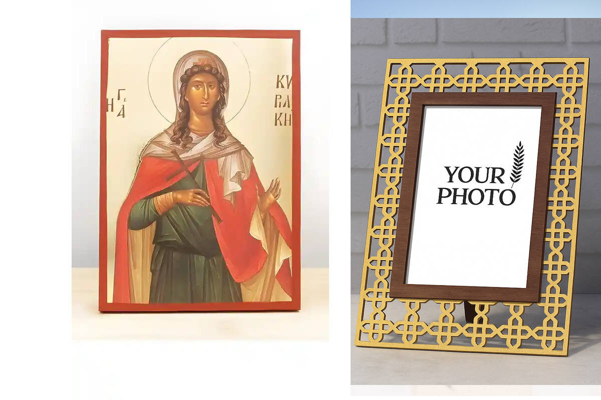 Εικόνα Ορθοδοξίας Πολυτελείας  με  σχεδιο Σταυρούς μαζι με  Βάση σε  8 χρώματα με περίγραμμα χρυσό σε ξύλο Plywood (Πλακάζ)   με  βάση Αγία Κυριακή η Μεγαλομάρτυς, Ξύλινη Χειροποίητη Εικόνα με Ψηφιακή Εκτύπωση Ελληνικό Premium Βυζαντινού Στυλ Κρεμαστό τοίχου Θρησκευτικό Θέμα Χειροποίητη Ελληνορθόδοξη εικόνα του Ιησού Χριστού, Κρεμαστή πλάκα βυζαντινής τέχνης, χριστιανική τέχνη Διάσταση 10x7 cm (3,9 x 2,8 ίντσες)  INTRAEK3kadro3211-11215