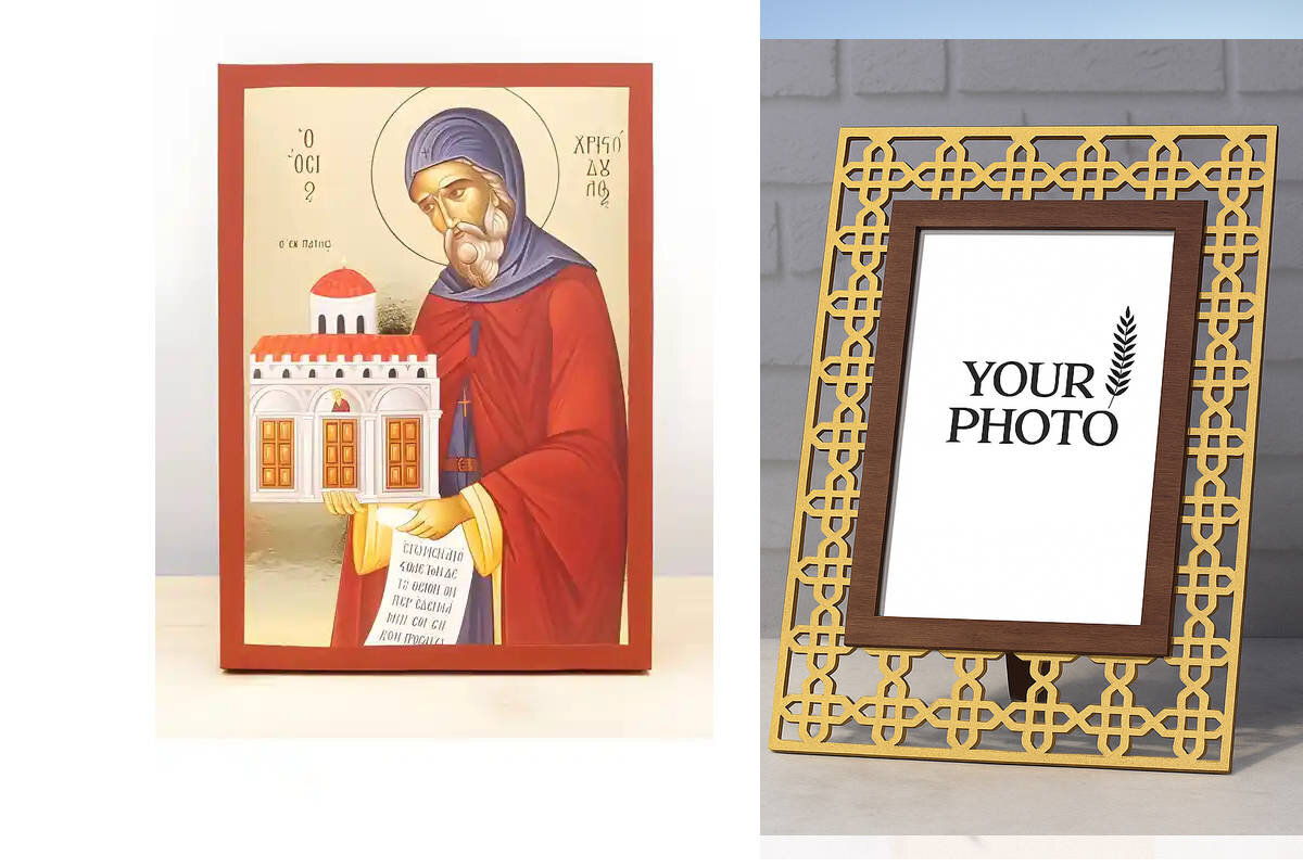 Εικόνα Ορθοδοξίας Πολυτελείας  με  σχεδιο Σταυρούς μαζι με  Βάση σε  8 χρώματα με περίγραμμα χρυσό σε ξύλο Plywood (Πλακάζ)   με  βάση Άγιος Χριστόδουλος της Πάτμου, Ξύλινη Χειροποίητη Εικόνα με χρυσό φύλλο Ελληνικό Premium Βυζαντινού Στυλ Κρεμαστό τοίχου Θρησκευτικό Θέμα Χειροποίητη Ελληνορθόδοξη εικόνα του Ιησού Χριστού, Κρεμαστή πλάκα βυζαντινής τέχνης, χριστιανική τέχνη Διάσταση 10x7 cm (3,9 x 2,8 ίντσες)  INTRAEK3kadro3211-11214