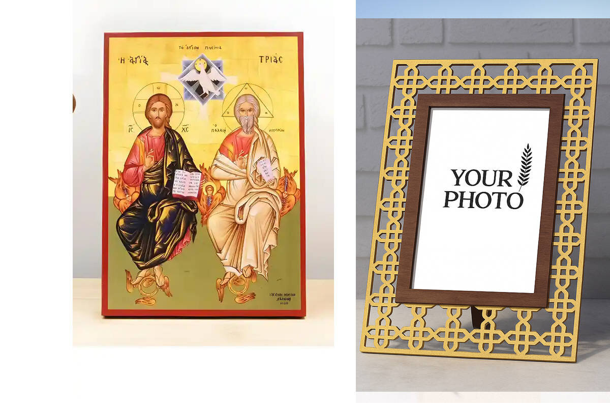 Εικόνα Ορθοδοξίας Πολυτελείας  με  σχεδιο Σταυρούς μαζι με  Βάση σε  8 χρώματα με περίγραμμα χρυσό σε ξύλο Plywood (Πλακάζ)   με  βάση Αγίας Τριάδας Ανθρωπομορφική, Ξύλινη Χειροποίητη Εικόνα Ο τοίχος Ελληνικού Premium Βυζαντινού Στυλ Κρεμασμένος σε Ξύλινη Πλάκα Θρησκευτικό Θέμα Χειροποίητη Ελληνορθόδοξη εικόνα του Ιησού Χριστού, Κρεμαστή πλάκα βυζαντινής τέχνης, χριστιανική τέχνη Διάσταση 10x7 cm (3,9 x 2,8 ίντσες)  INTRAEK3kadro3211-11213