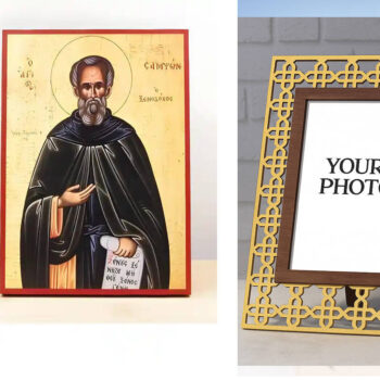 Εικόνα Ορθοδοξίας Πολυτελείας  με  σχεδιο Σταυρούς μαζι με  Βάση σε  8 χρώματα με περίγραμμα χρυσό σε ξύλο Plywood (Πλακάζ)   με  βάση Άγιος Σαμψών ο Φιλόξενος, Ξύλινη Χειροποίητη Εικόνα Ελληνικής Premium Βυζαντινού Στυλ Κρεμαστή σε ξύλινη πλάκα Χειροποίητη Ελληνορθόδοξη εικόνα του Ιησού Χριστού, Κρεμαστή πλάκα βυζαντινής τέχνης, χριστιανική τέχνη Διάσταση 10x7 cm (3,9 x 2,8 ίντσες)  INTRAEK3kadro3211-11212 - Image 1