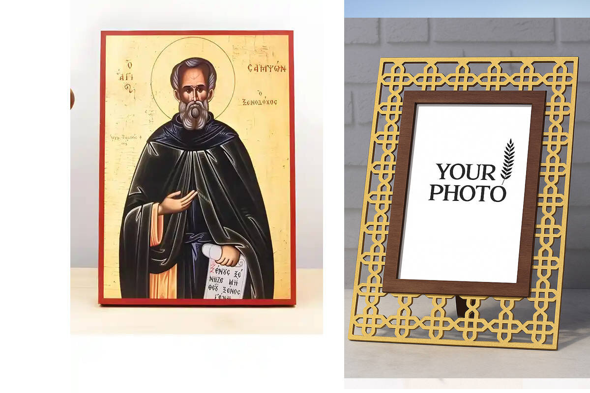 Εικόνα Ορθοδοξίας Πολυτελείας  με  σχεδιο Σταυρούς μαζι με  Βάση σε  8 χρώματα με περίγραμμα χρυσό σε ξύλο Plywood (Πλακάζ)   με  βάση Άγιος Σαμψών ο Φιλόξενος, Ξύλινη Χειροποίητη Εικόνα Ελληνικής Premium Βυζαντινού Στυλ Κρεμαστή σε ξύλινη πλάκα Χειροποίητη Ελληνορθόδοξη εικόνα του Ιησού Χριστού, Κρεμαστή πλάκα βυζαντινής τέχνης, χριστιανική τέχνη Διάσταση 10x7 cm (3,9 x 2,8 ίντσες)  INTRAEK3kadro3211-11212