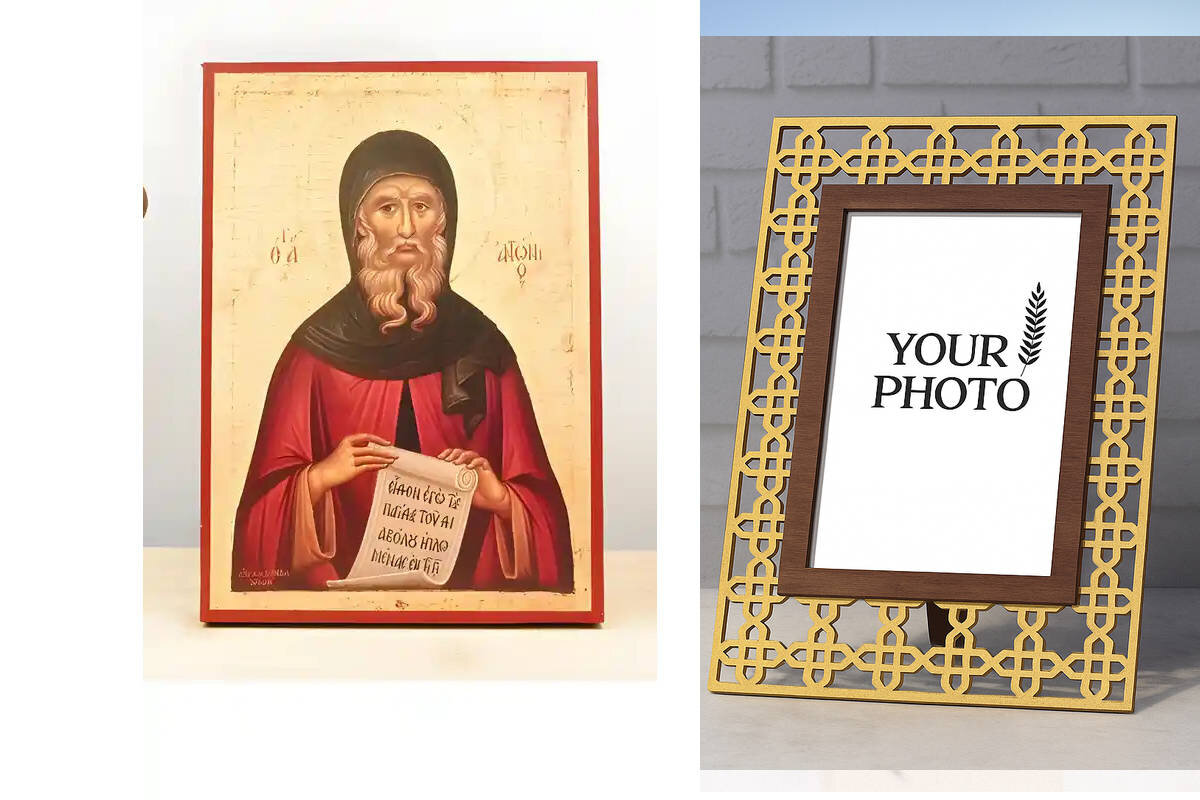 Εικόνα Ορθοδοξίας Πολυτελείας  με  σχεδιο Σταυρούς μαζι με  Βάση σε  8 χρώματα με περίγραμμα χρυσό σε ξύλο Plywood (Πλακάζ)   με  βάση Άγιος Αντώνιος ο Μέγας, Ξύλινη Χειροποίητη Εικόνα Ελληνικής Premium Βυζαντινού Στυλ Κρεμασμένη σε ξύλινη πλάκα Χειροποίητη Ελληνορθόδοξη εικόνα του Ιησού Χριστού, Κρεμαστή πλάκα βυζαντινής τέχνης, χριστιανική τέχνη Διάσταση 10x7 cm (3,9 x 2,8 ίντσες)  INTRAEK3kadro3211-11211