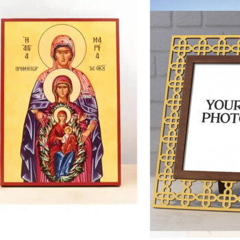 Εικόνα Ορθοδοξίας Πολυτελείας  με  σχεδιο Σταυρούς μαζι με  Βάση σε  8 χρώματα με περίγραμμα χρυσό σε ξύλο Plywood (Πλακάζ)   με  βάση Οι Αγίες Μαρία και Άννα οι Δίκαιοι Πρόγονοι του Θεού με την Παναγία και τον Ιησού Χριστό, Ξύλινη Χειροποίητη Εικόνα Ελληνικής Βυζαντινής Στυλ Χειροποίητη Ελληνορθόδοξη εικόνα του Ιησού Χριστού, Κρεμαστή πλάκα βυζαντινής τέχνης, χριστιανική τέχνη Διάσταση 10x7 cm (3,9 x 2,8 ίντσες)  INTRAEK3kadro3211-11210 - Image 1