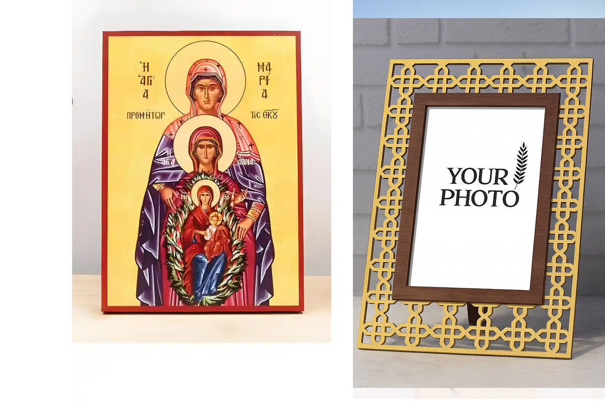 Εικόνα Ορθοδοξίας Πολυτελείας  με  σχεδιο Σταυρούς μαζι με  Βάση σε  8 χρώματα με περίγραμμα χρυσό σε ξύλο Plywood (Πλακάζ)   με  βάση Οι Αγίες Μαρία και Άννα οι Δίκαιοι Πρόγονοι του Θεού με την Παναγία και τον Ιησού Χριστό, Ξύλινη Χειροποίητη Εικόνα Ελληνικής Βυζαντινής Στυλ Χειροποίητη Ελληνορθόδοξη εικόνα του Ιησού Χριστού, Κρεμαστή πλάκα βυζαντινής τέχνης, χριστιανική τέχνη Διάσταση 10x7 cm (3,9 x 2,8 ίντσες)  INTRAEK3kadro3211-11210