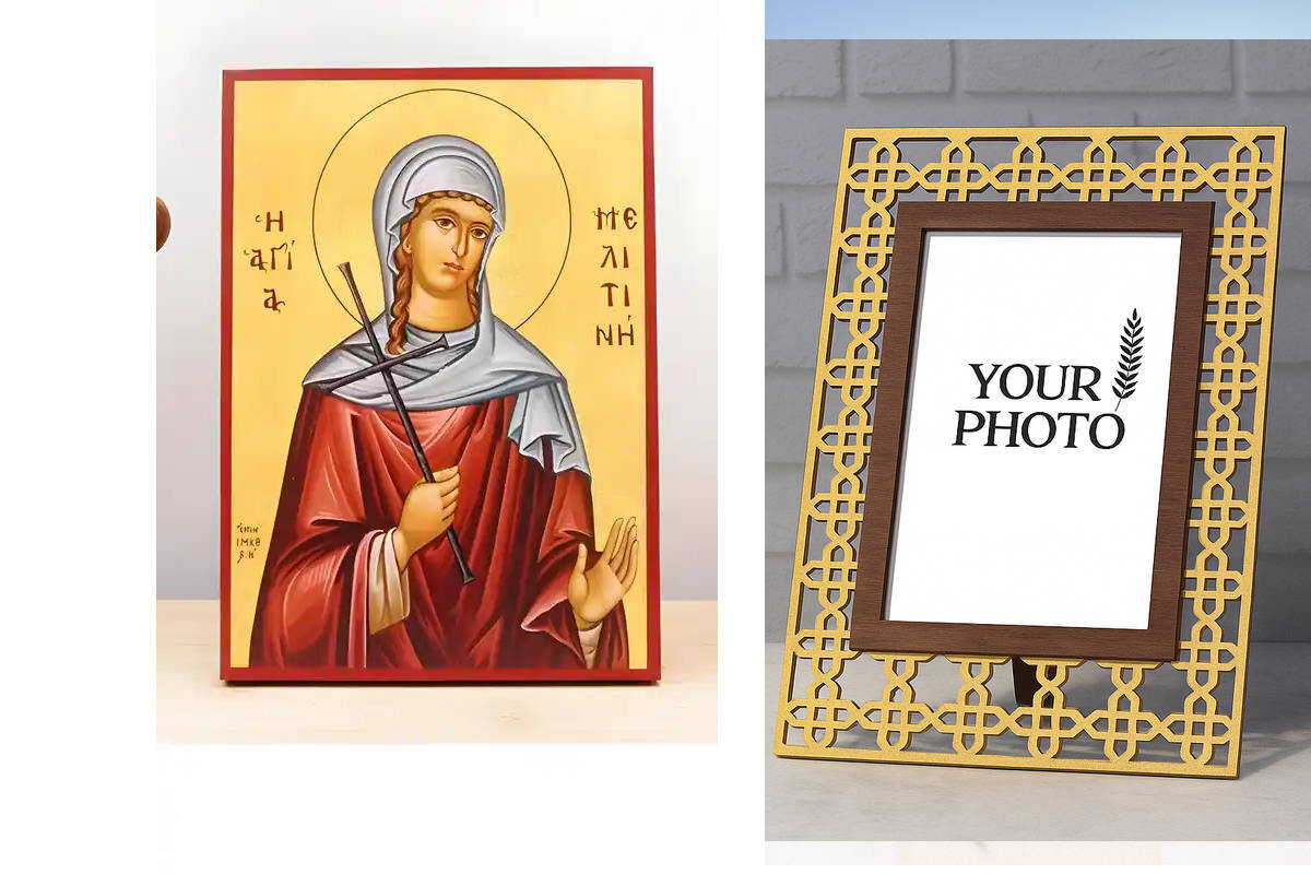 Εικόνα Ορθοδοξίας Πολυτελείας  με  σχεδιο Σταυρούς μαζι με  Βάση σε  8 χρώματα με περίγραμμα χρυσό σε ξύλο Plywood (Πλακάζ)   με  βάση Αγία Μελιτίνη της Μαρκιανόπολης, Ξύλινη Χειροποίητη Εικόνα Ελληνικού Premium Βυζαντινού Στυλ Κρεμαστή σε ξύλινη πλάκα Θρησκευτικό θέμα Χειροποίητη Ελληνορθόδοξη εικόνα του Ιησού Χριστού, Κρεμαστή πλάκα βυζαντινής τέχνης, χριστιανική τέχνη Διάσταση 10x7 cm (3,9 x 2,8 ίντσες)  INTRAEK3kadro3211-11209