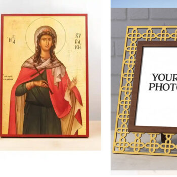 Εικόνα Ορθοδοξίας Πολυτελείας  με  σχεδιο Σταυρούς μαζι με  Βάση σε  8 χρώματα με περίγραμμα χρυσό σε ξύλο Plywood (Πλακάζ)   με  βάση Αγία Κυριακή η Μεγαλομάρτυς, Ξύλινη Χειροποίητη Εικόνα Ελληνικής Premium Βυζαντινής Στυλ Κρεμαστή σε ξύλινη πλάκα Θρησκευτικό θέμα Χειροποίητη Ελληνορθόδοξη εικόνα του Ιησού Χριστού, Κρεμαστή πλάκα βυζαντινής τέχνης, χριστιανική τέχνη Διάσταση 10x7 cm (3,9 x 2,8 ίντσες)  INTRAEK3kadro3211-11208 - Image 1