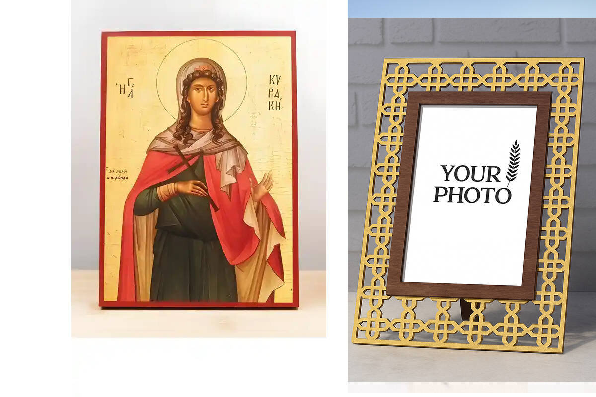 Εικόνα Ορθοδοξίας Πολυτελείας  με  σχεδιο Σταυρούς μαζι με  Βάση σε  8 χρώματα με περίγραμμα χρυσό σε ξύλο Plywood (Πλακάζ)   με  βάση Αγία Κυριακή η Μεγαλομάρτυς, Ξύλινη Χειροποίητη Εικόνα Ελληνικής Premium Βυζαντινής Στυλ Κρεμαστή σε ξύλινη πλάκα Θρησκευτικό θέμα Χειροποίητη Ελληνορθόδοξη εικόνα του Ιησού Χριστού, Κρεμαστή πλάκα βυζαντινής τέχνης, χριστιανική τέχνη Διάσταση 10x7 cm (3,9 x 2,8 ίντσες)  INTRAEK3kadro3211-11208