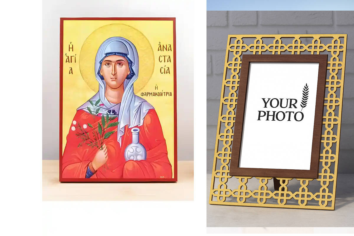 Εικόνα Ορθοδοξίας Πολυτελείας  με  σχεδιο Σταυρούς μαζι με  Βάση σε  8 χρώματα με περίγραμμα χρυσό σε ξύλο Plywood (Πλακάζ)   με  βάση Αγία Αναστασία Φαρμακολύτρια, Ξύλινη Χειροποίητη Εικόνα Ελληνικής Premium Βυζαντινού Στυλ Κρεμαστή σε ξύλινη πλάκα Θρησκευτικό θέμα Χειροποίητη Ελληνορθόδοξη εικόνα του Ιησού Χριστού, Κρεμαστή πλάκα βυζαντινής τέχνης, χριστιανική τέχνη Διάσταση 10x7 cm (3,9 x 2,8 ίντσες)  INTRAEK3kadro3211-11207